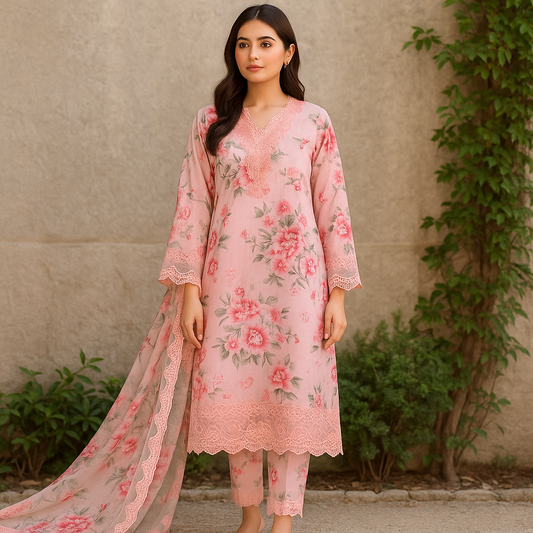 Printed Unstitched Embroidered  Lawn 3 piece suit